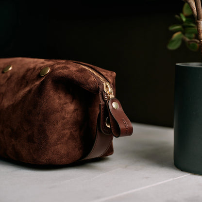 Suede Wash Bag / Dopp Kit - Tobacco Brown