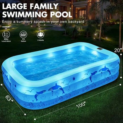 2026 Upgraded Solar-Inflatable Pool for Adults with LED Lights  Large Backyard Swimming Pool