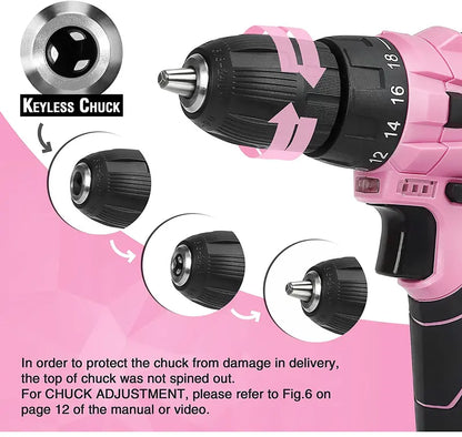 WORKPRO 12V Cordless Drill Kit with 14-Inch Pink Ribbon Tool Bag