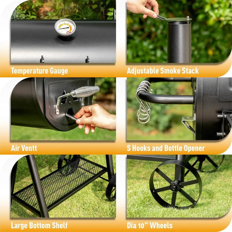 941 Sq. In. Offset Smoker Charcoal BBQ Grill  Oversized Black Grill
