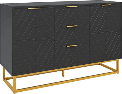 Contemporary White Sideboard Buffet Cabinet with Metal Legs, Adjustable Shelving & Elevated Base Design