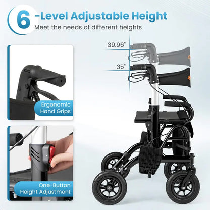 Convertible Rollator Walker and Transport Wheelchair  Foldable Dual-Function Mobility Aid with Locking Brakes