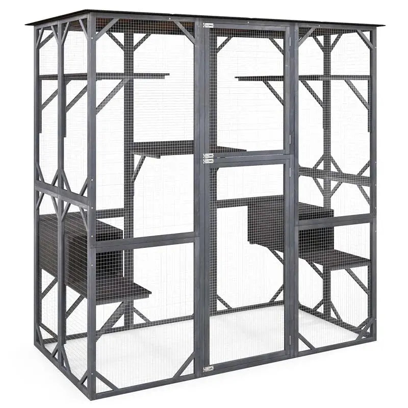71-Inch Walk-In Outdoor Catio Enclosure  Wooden Kitty Playpen with Seven Tiered Platforms & Secure Shelter Design