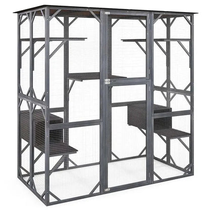 71-Inch Walk-In Outdoor Catio Enclosure  Wooden Kitty Playpen with Seven Tiered Platforms & Secure Shelter Design