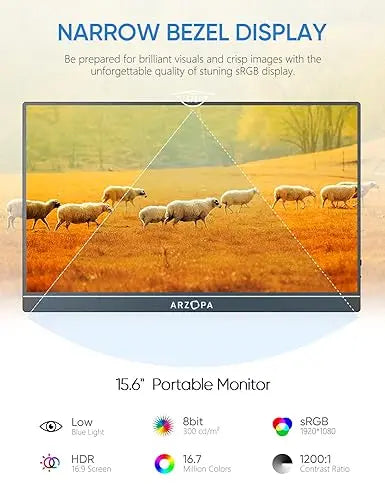 ARZOPA 15.6-Inch Portable USB-C & HDMI Monitor  FHD 1080P Display with HDR and Eye Protection
