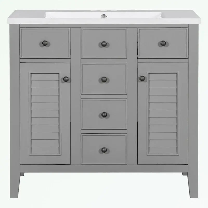 Modern Bathroom Vanity Featuring Ceramic Sink, Dual Cabinets, and Five-Drawer Storage