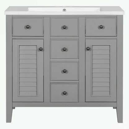 Modern Bathroom Vanity Featuring Ceramic Sink, Dual Cabinets, and Five-Drawer Storage