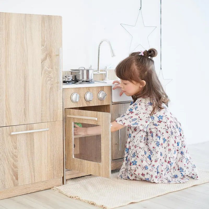 Teamson Kids Little Chef Chelsea Modern Wooden Play Kitchen, Cherry Grain/Silver, Interactive Set for Ages 3+