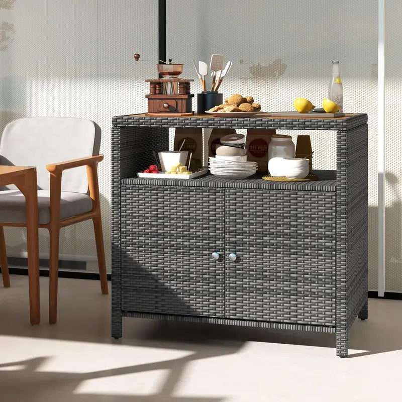 Mixed-Brown Rattan Patio Sideboard  Acacia Wood Countertop Buffet with Open Shelf & 2-Door Storage