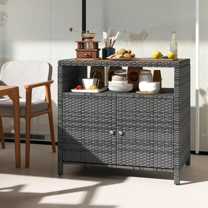 Mixed-Brown Rattan Patio Sideboard  Acacia Wood Countertop Buffet with Open Shelf & 2-Door Storage