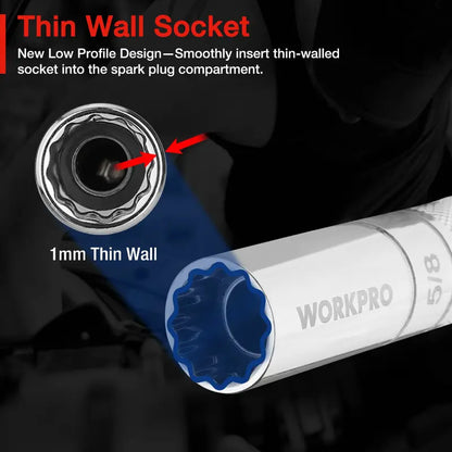 WORKPRO Extended Magnetic Spark Plug Socket Kit  6-Pc Thin-Wall Set with 4″, 6″, 11″ Extensions