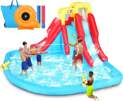 8-in-1 Inflatable Water Park for Kids: Bounce House, Slide, Climbing Wall, Splash Pool, Dual Water Cannons, Basketball Hoop & Crocodile Sprinkler  Includes 450W Blower