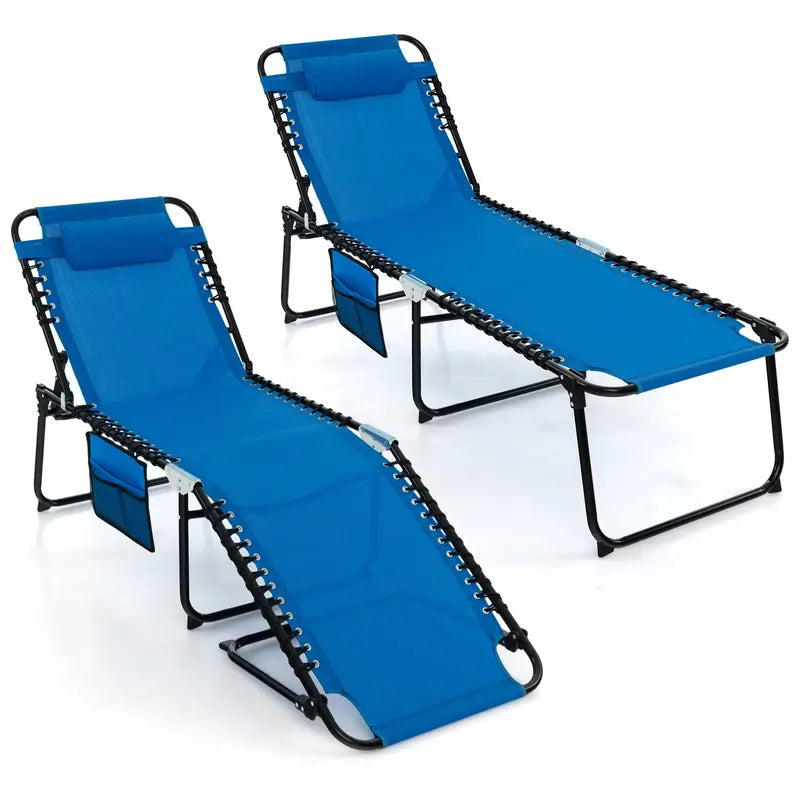 Adjustable Patio Chaise Lounge  Folding Recliner Chair with 4-Position Backrest, Side Pocket & Removable Headrest