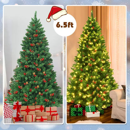 6.5-Foot Pre-Lit Christmas Tree with 1100 Branch Tips, Pine Cones & Red Berries