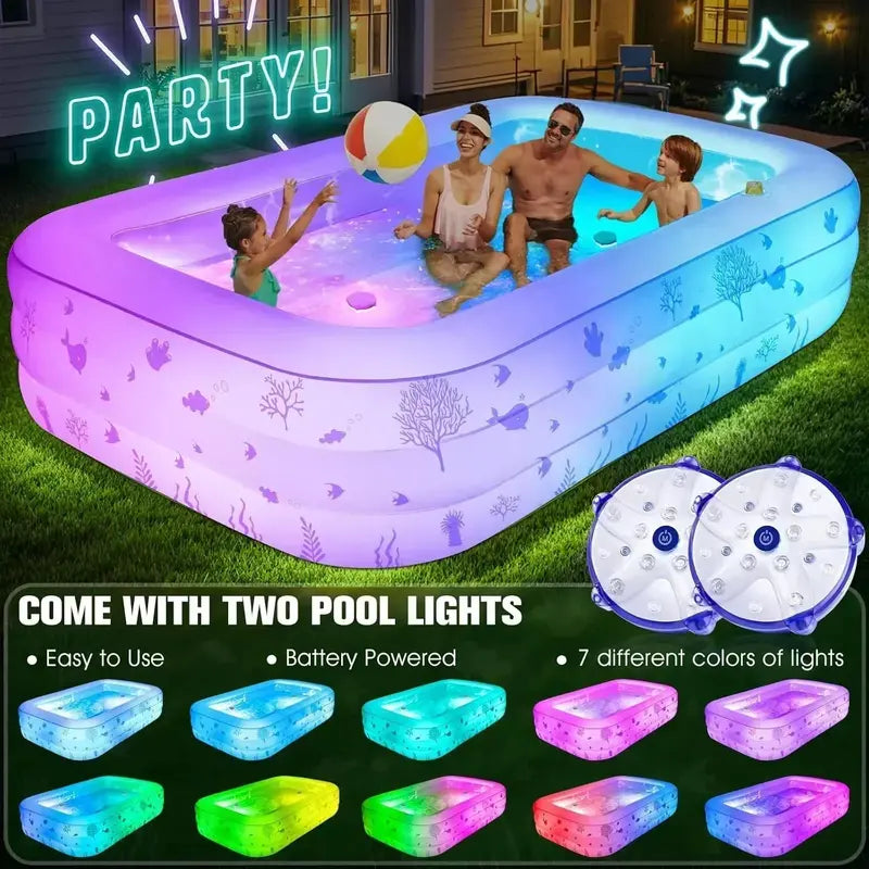 Lighted Family Inflatable Pool  Extra-Large with Integrated Seats & Waterproof LED Lighting