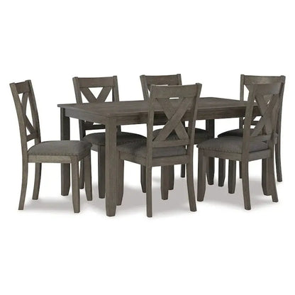 7-Piece Dining Set with Lattice-Back Chairs  Dark Gray Wood Frame & Polyester Upholstery