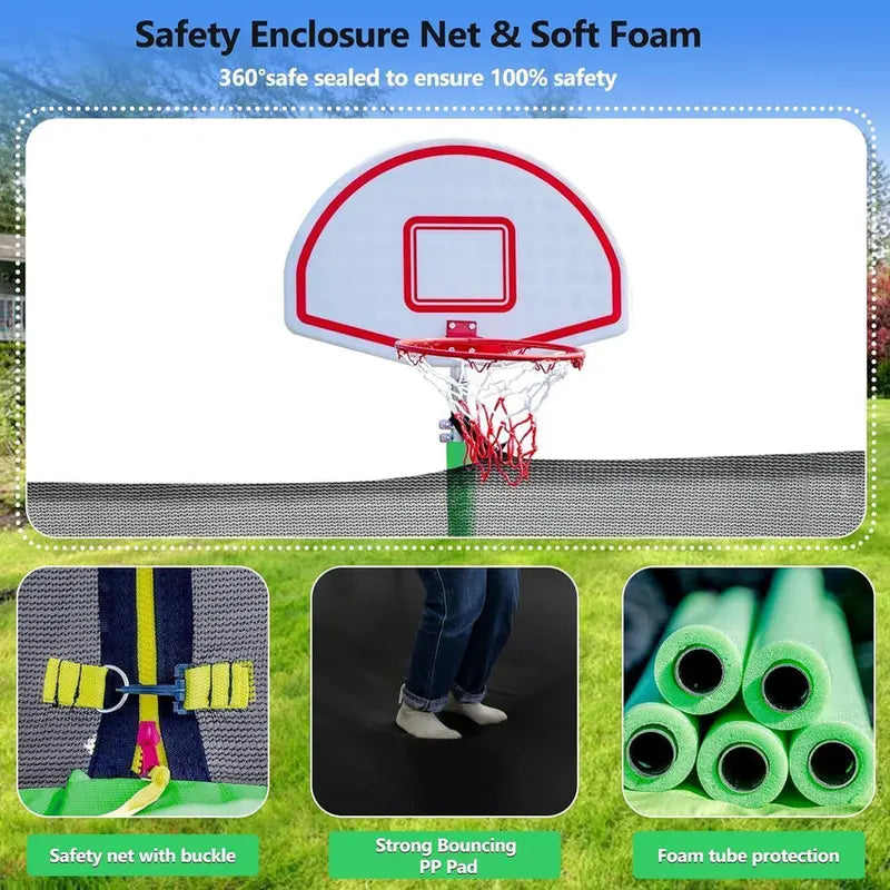 16-Foot Upgraded Trampoline with Enclosure Net and Adjustable Basketball Hoop