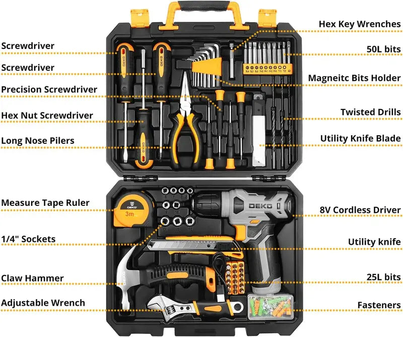 DEKOPRO 126-Piece Cordless Tool Kit — Includes 8V Drill, Toolbox, and Accessories for DIY and Home Repairs