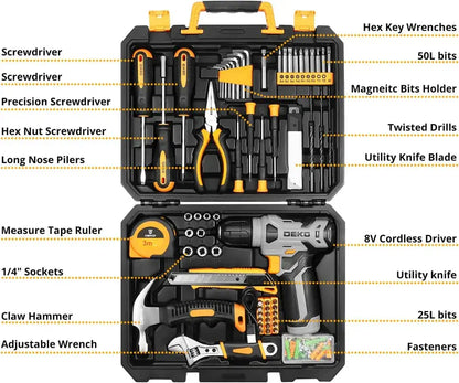 DEKOPRO 126-Piece Cordless Tool Kit — Includes 8V Drill, Toolbox, and Accessories for DIY and Home Repairs