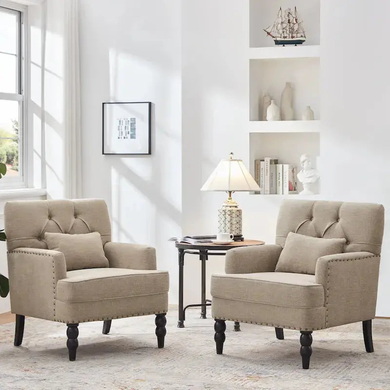 Set of 2 Button-Tufted Accent Chairs  Upholstered Armchairs with Lumbar Support Pillows in Beige, Grey, or Light Blue