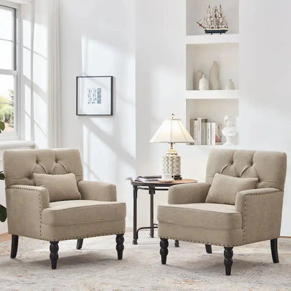 Set of 2 Button-Tufted Accent Chairs  Upholstered Armchairs with Lumbar Support Pillows in Beige, Grey, or Light Blue