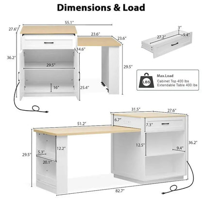 Wooden Extendable Kitchen Island for 46 People with Dual Storage Compartments