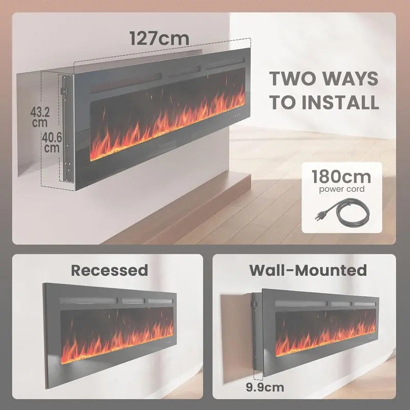 50″ Ultra-Slim Smart Electric Fireplace  5300 BTU Heat Output, Wall-Mount or Built-In Option