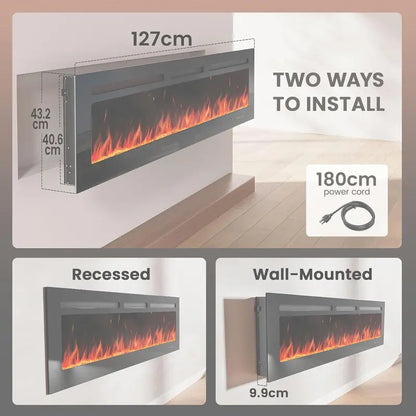50″ Ultra-Slim Smart Electric Fireplace  5300 BTU Heat Output, Wall-Mount or Built-In Option