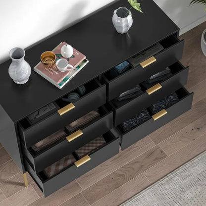 Modern 6-Drawer Bedroom Dresser  Black or White Wood Chest of Drawers with Gold-Tone Hardware, Versatile for Living Room or Hallway