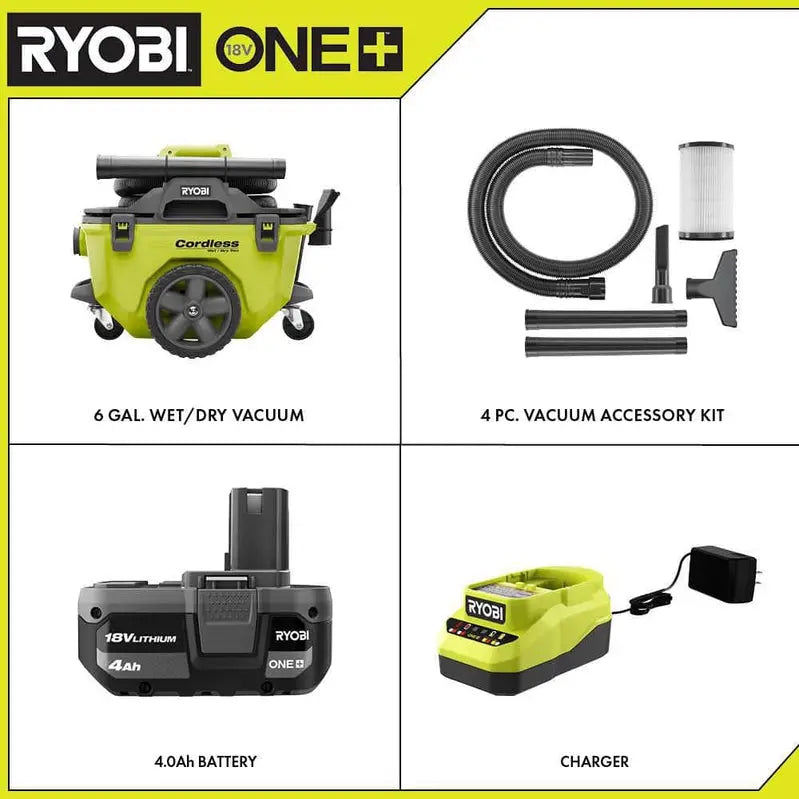 RYOBI ONE+ 18V Cordless 6-Gallon Wet/Dry Vacuum Kit  Includes 4.0 Ah Battery, Charger & Accessories (P770KN)