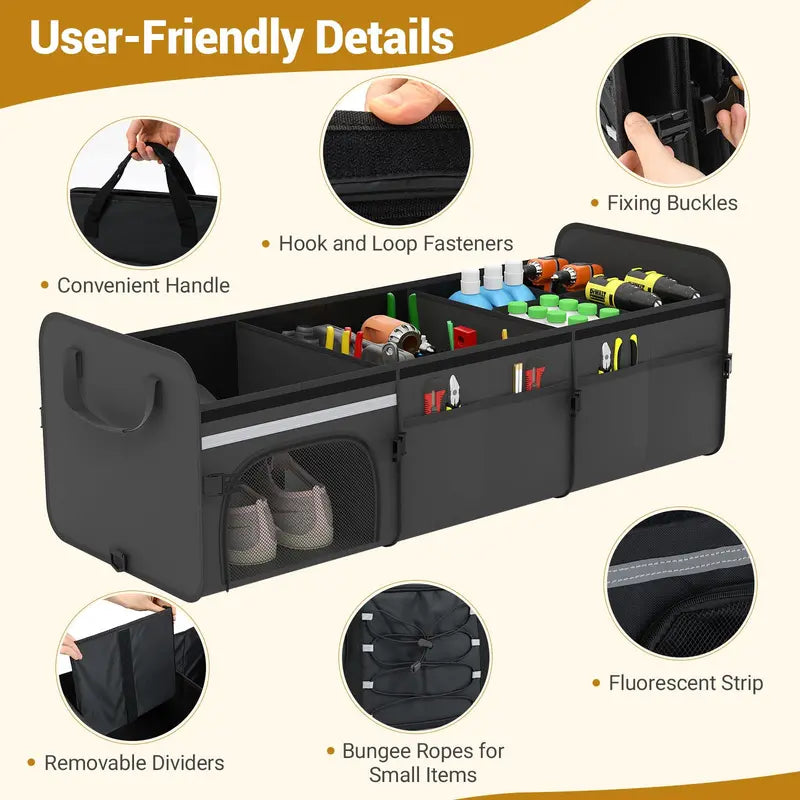 Collapsible Trunk Organizer  Multi-Compartment Vehicle Storage Bin with Detachable Lid