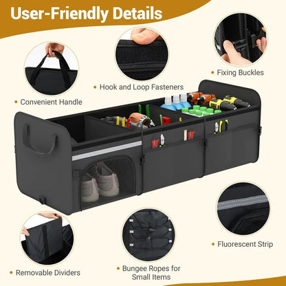 Collapsible Trunk Organizer  Multi-Compartment Vehicle Storage Bin with Detachable Lid