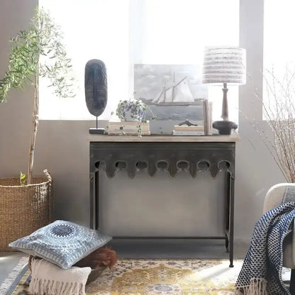 Zinc-Finished Scalloped Edge Sofa Table  Wood-and-Metal Accent Piece