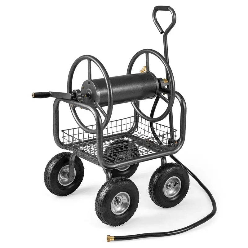 Heavy-Duty Hose Reel Cart with Integrated Storage Basket  Supports 300 Feet of 5/8-Inch Garden Hose