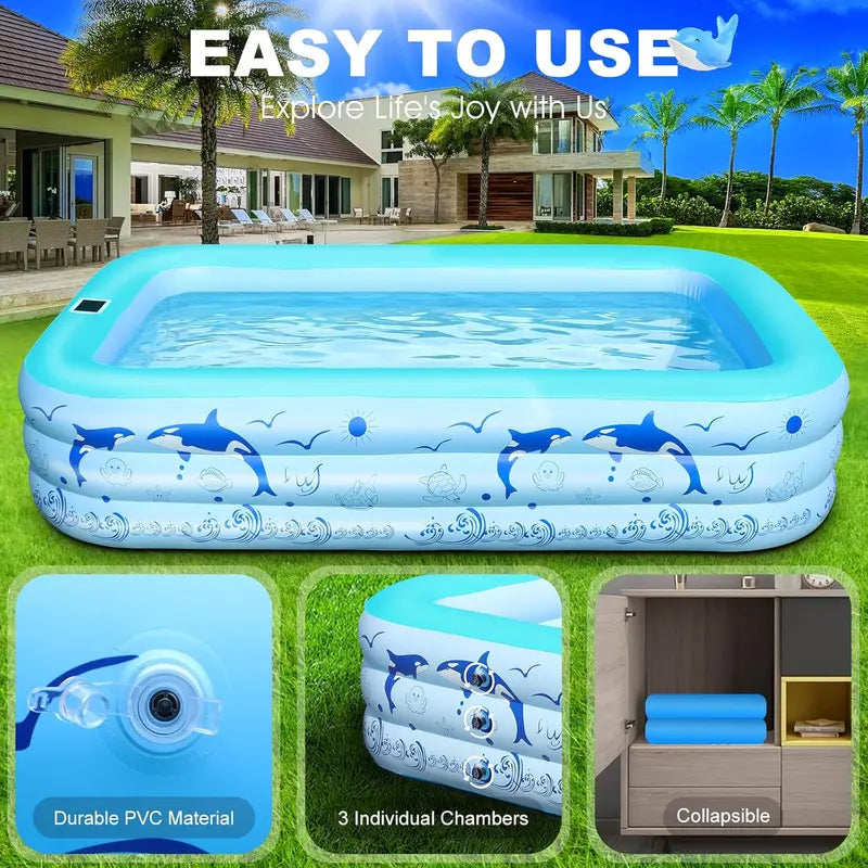 2026 Upgraded Solar-Inflatable Pool for Adults with LED Lights  Large Backyard Swimming Pool