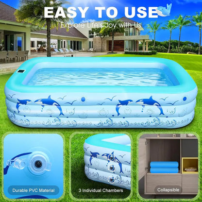 2026 Upgraded Solar-Inflatable Pool for Adults with LED Lights  Large Backyard Swimming Pool