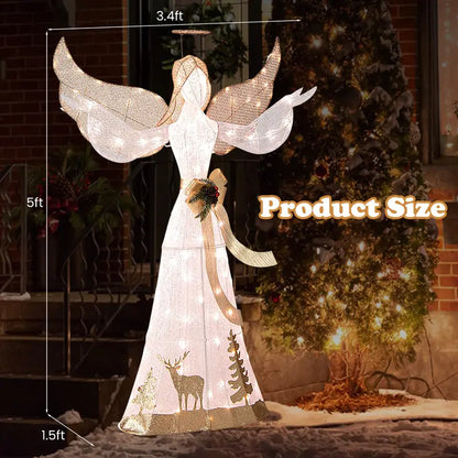 Pre-Lit 3D Glittered Angel Ornament with 100 Warm White Lights, Halo, Bow, and Ground Stake