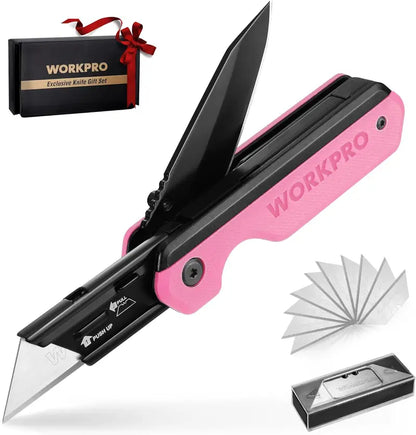 WORKPRO 2-in-1 Folding Utility Knife  Quick-Change Box Cutter with G10 Handle & 10 Blades