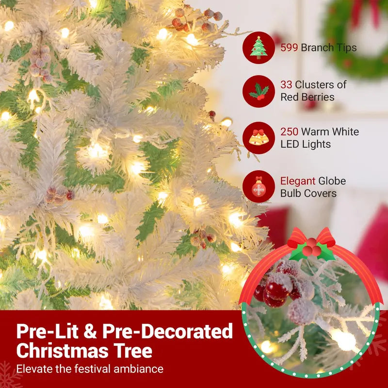 6-Foot or 7-Foot Hinged Pre-Lit Christmas Tree with Snow-Flocked Branches and Energy-Efficient LEDs