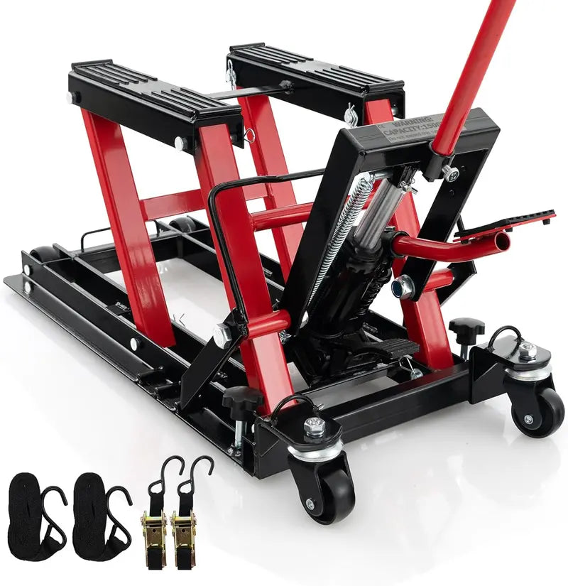 Heavy-Duty Hydraulic Motorcycle Lift  1500 LB Capacity with Footplates & Extended Handle