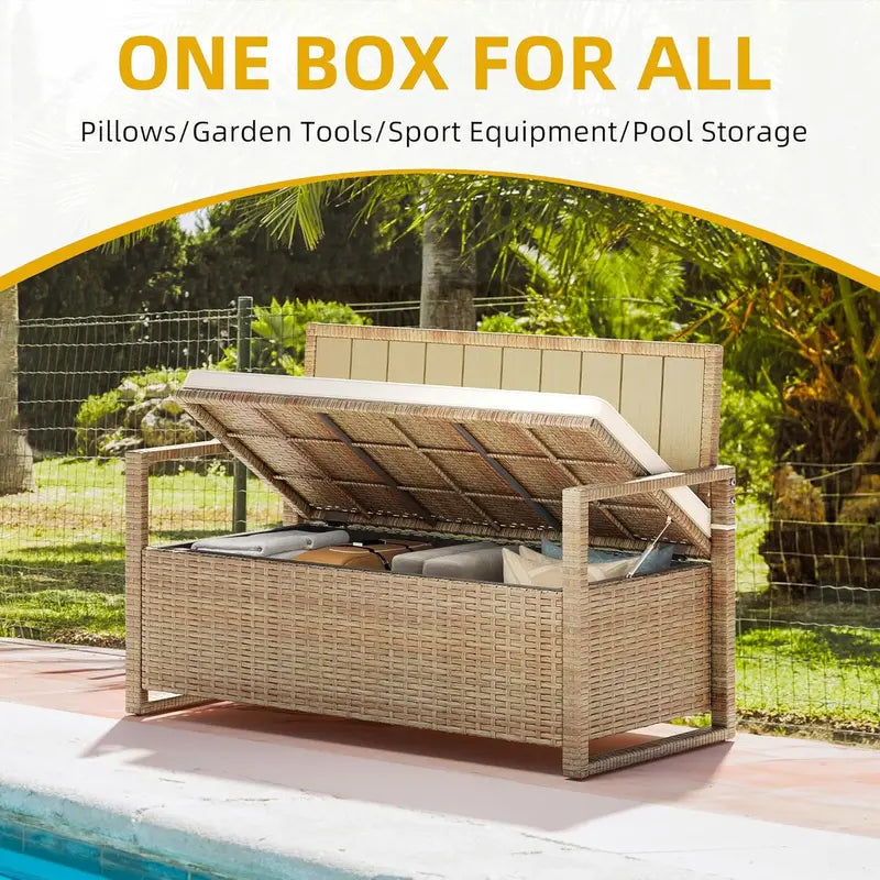 DWVO 70-Gallon Outdoor Storage Bench with Wicker Finish, Cushion & Composite Backrest