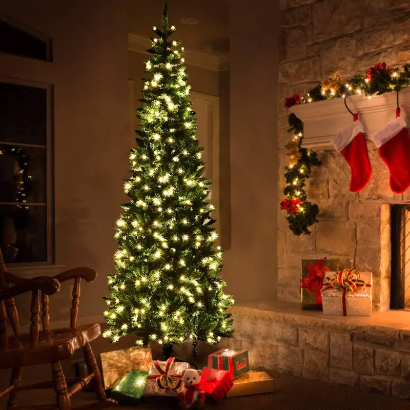 Premium Pre-Lit Pencil Christmas Tree  Space-Saving Hinged Fir with Premium Branch Tips