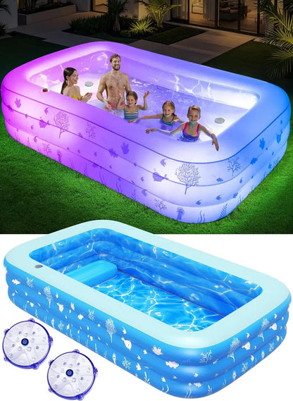 Lighted Family Inflatable Pool  Extra-Large with Integrated Seats & Waterproof LED Lighting