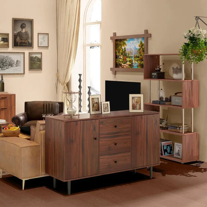 Rustic Brown Vintage Sideboard — Coffee Bar Cabinet with 2 Cupboards, 3 Drawers, Wood Legs & Adjustable Shelves