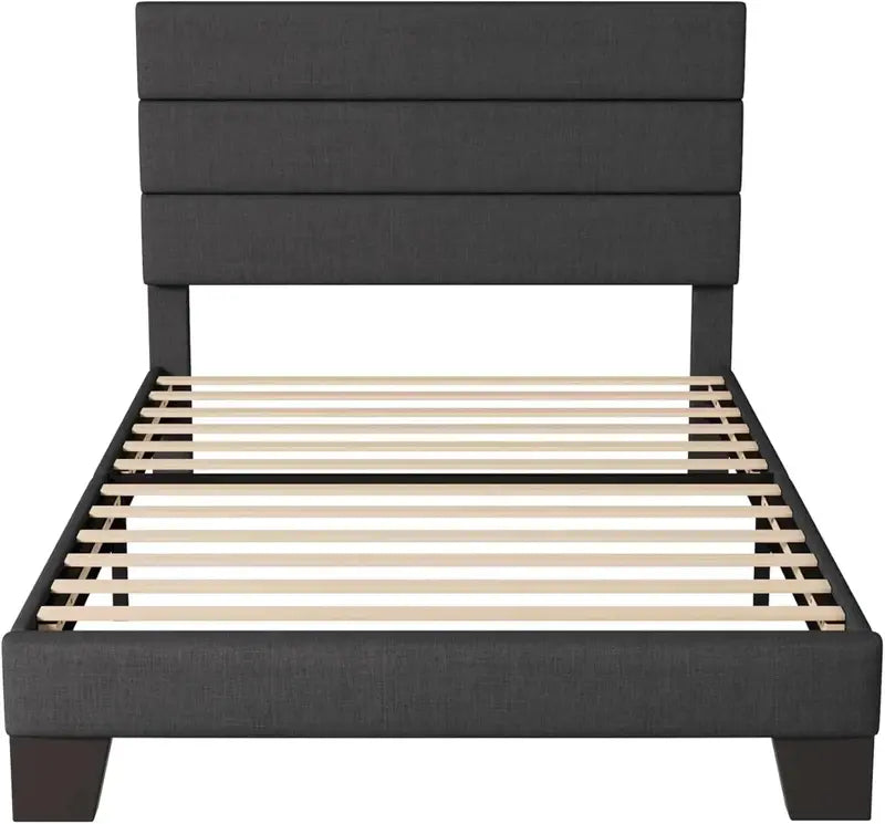 Allewie King Platform Bed Frame  Velvet-Upholstered Headboard with Solid Wood Slats