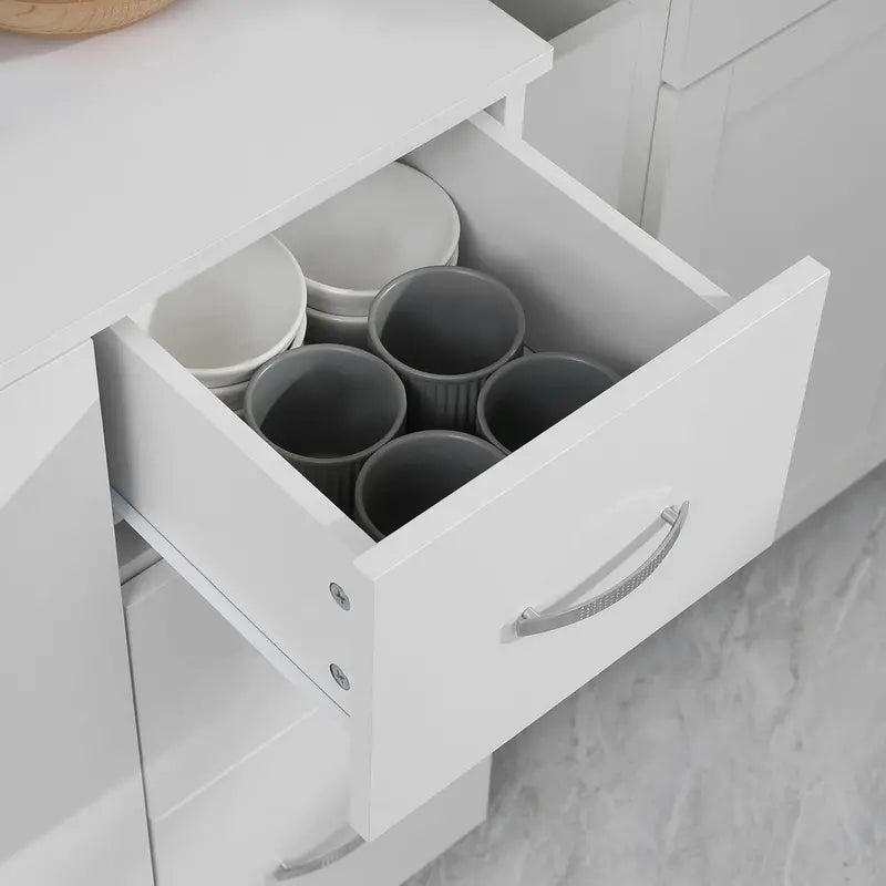 White 66″ Microwave Stand & Pantry Cabinet  Multi-Functional Kitchen Storage Unit with Shelf Organization