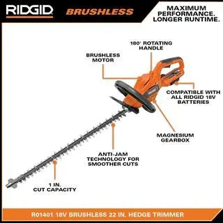 RIDGID 18V Brushless Hedge Trimmer  22-Inch Blade with 2.0 Ah Battery &amp; Charger Kit