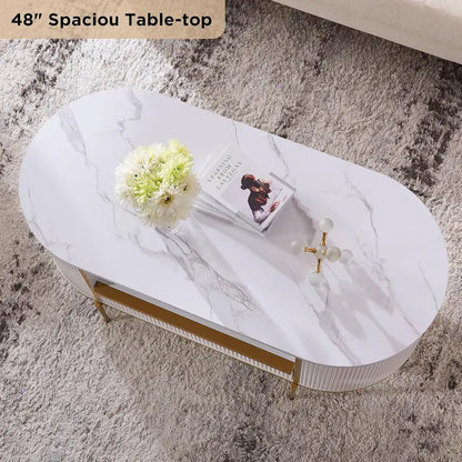 OKD Luxury Oval Coffee Table  48-Inch Grooved Design with Imitation Marble Top and Hidden Drawers