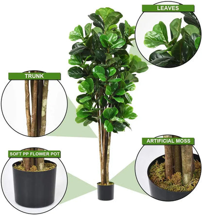 5-Foot Artificial Fiddle Leaf Fig Tree in Decorative Planter  Lifelike Indoor Greenery Accent