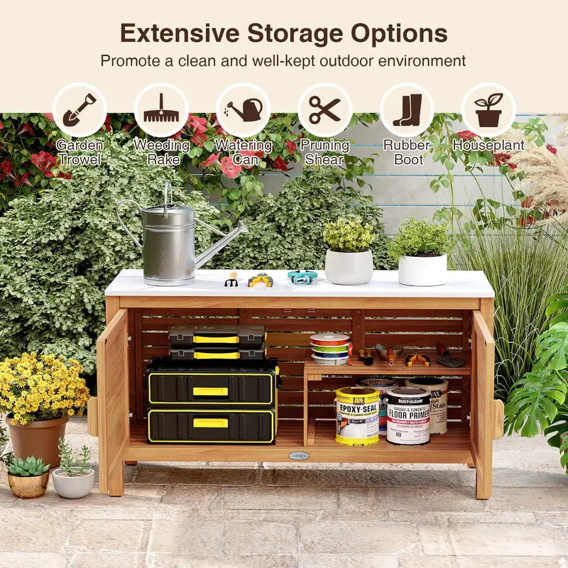Acacia Wood Outdoor Storage Cabinet with Faux Marble Top and Weather-Resistant Finish